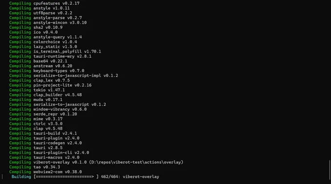 Screenshot of a terminal showing the compilation of a Rust project in progress. The project has 464 cargo dependencies.