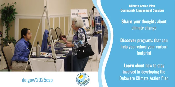 Visitors to a community engagement meeting learn about Delaware's 2025 Climate Action Plan.