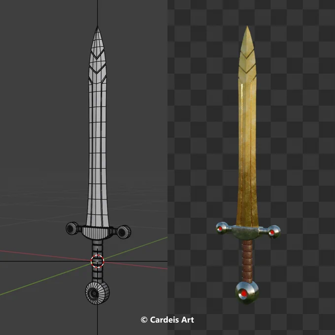 The screenshot shows a 3D model of a sword made for the indie Action RPG video game Codename: Robin Tech Netverse currently in development by Cardeis Art.