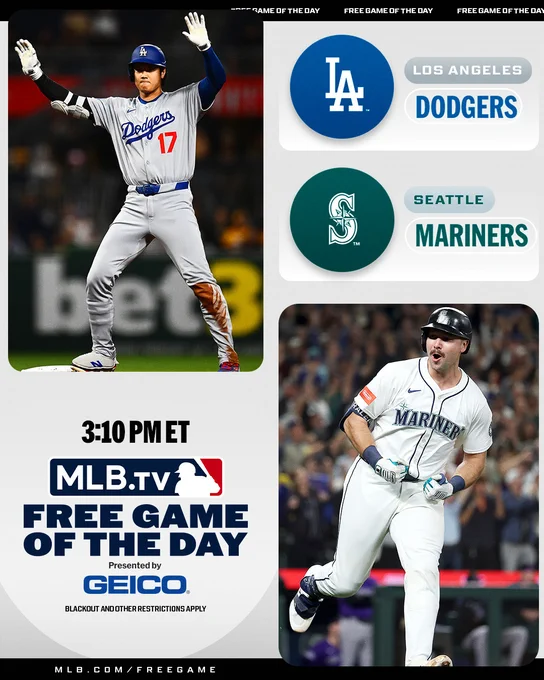 ALT: MLB.TV Free Game of the Day
Presented by GEICO
Los Angeles Dodgers vs. Seattle Mariners
3:10 PM ET
Pictured: Top left, Shohei Ohtani waves his hands in the air after getting on base. He wears a gray road Los Angeles Dodgers jersey with blue lettering and a blue batting helmet. Bottom right, Cal Raleigh celebrates hitting a home run. He wears a white home Seattle Mariners jersey with teal lettering and a black batting helmet.