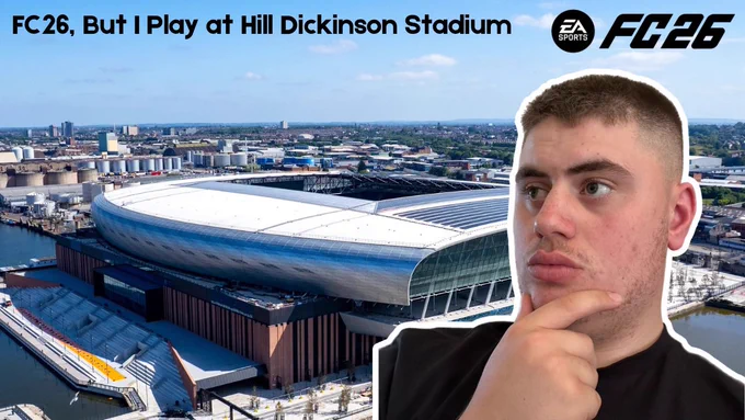 Image of person with confused look with Everton’s new ground in the background.