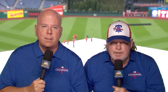 Photo of TMac and Kruk in their opening announce. They're wearing blue Phillies NL East Championship polos.