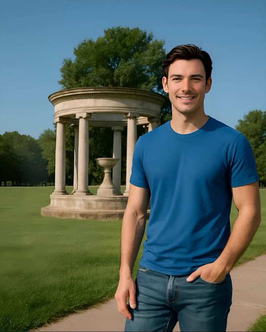 Michael Allen stands in Overton Park in Memphis, Tennessee, on a sunny early autumn afternoon. He wears jeans and a casual untucked blue t-shirt, one hand in his pocket and the other relaxed at his side. His short black hair is neatly parted, and he smiles warmly at the camera. Behind him, the park’s trees and green lawns stretch out under a clear blue sky, capturing the calm and brightness of the day.
