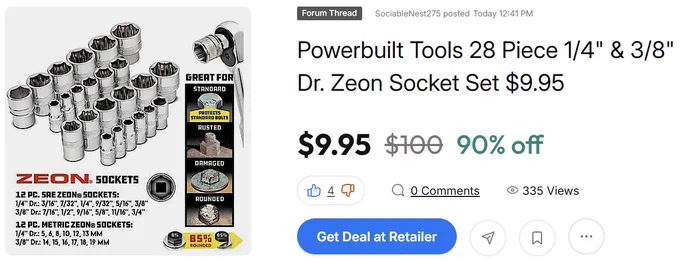 Select Advance Auto Parts locations have Powerbuilt Tools 28 Piece 1/4" & 3/8" Dr. Zeon Socket Set for $9.95 (down from $100).