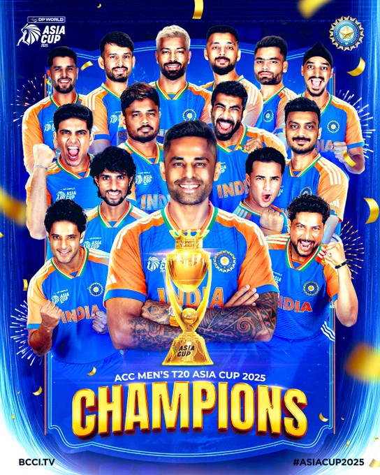 🇮🇳🏆 CHAMPIONS OF ASIA! 🏆🇮🇳
Team India lifts the #AsiaCup2025 with a stellar all-round performance.
One Nation. One Team. One Dream. 💙🔥
#BleedBlue #TeamIndia #Cricket
