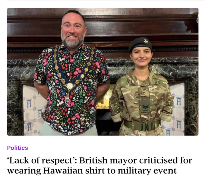 Stuff: "‘Lack of respect’: British mayor criticised for wearing Hawaiian shirt to military event"