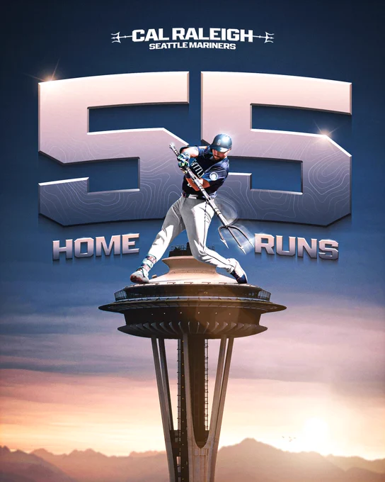 55 Home Runs
Cal Raleigh (Seattle Mariners)
Cal Raleigh swings a trident on top of the Space Needle while wearing a dark blue Seattle Mariners uniform and helmet.
