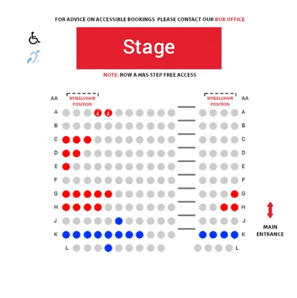 A seat map for a theatre, with at least four seats by themselves.