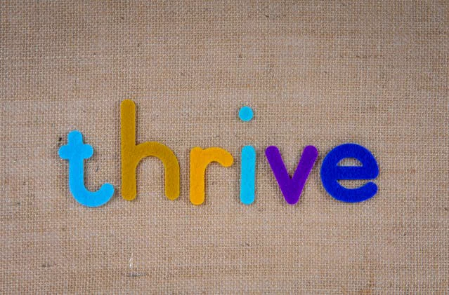 This image shows "thrive" in lowercase, multi-coloured letters on a textured canvas background.