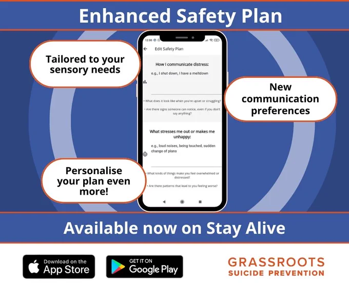 White text on purple background reads, 'Enhanced Safety Plan'. Below is a phone screen displaying the Enhanced Safety Plan app page, next to three white text bubbles with black text. Text reads, 'Tailored to your sensory needs', 'New communication preferences', 'Personalise your plan even more!'. Below, white text reads, 'Available now on Stay Alive'. App Store, Google Play, and Grassroots Suicide Prevention logos are below this.