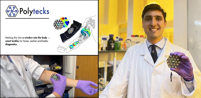 Ruben is seen holding and demonstrating one of his prototype devices in a lab setting. The image also shows the company logo and an illustration of how the device fits to a human arm within a wearable strap