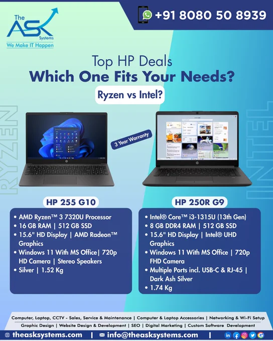 HP is serving up two incredible choices, both designed for performance, style, and everyday productivity. Let’s see which one ticks your boxes.

💻 HP 255 G10 – Built for Power Users
• AMD Ryzen™ 3 7320U Processor
• 16 GB RAM | 512 GB SSD – handle tasks faster than ever
• 15.6" HD Display | Radeon™ Graphics for smooth visuals
• Windows 11   MS Office | 720p HD Camera | Stereo Speakers
• Light & portable – just 1.52 Kg in Silver

⚡ HP 250R G9 – Designed for Modern Workflows
• Intel® Core™ i3-1315U (13th Gen)
• 8 GB DDR4 RAM | 512 GB SSD – efficient daily performance
• 15.6" HD Display | Intel® UHD Graphics
• Windows 11   MS Office | 720p FHD Camera for crisp calls
• Packed with USB-C, RJ-45 & more | Dark Ash Silver
• Slightly heavier at 1.74 Kg but sturdier build

✅ Need extra RAM and portability? Go Ryzen.
✅ Want newer-gen Intel performance and more connectivity? Go Intel.

👉 Both are powerful. Both are stylish. The choice is yours. Which one’s coming home with you?