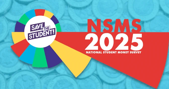 the words "NSMS 2025 – National Student Money Survey" written on a graph, over a background image of coins with a blue filter