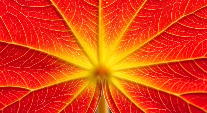 Close-up of a vibrant red and yellow leaf showcasing intricate vein patterns radiating from the center, resembling a starburst design.