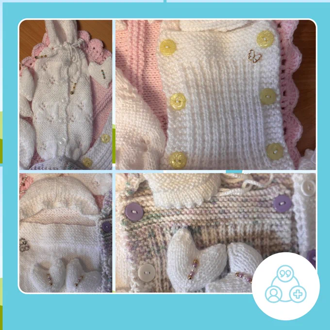 4 photos of handknitted sleeping bags, angel gowns and hearts for the bereavement neonatal department.