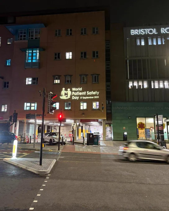 A projection for World Patient Safety Day has been beamed on to the side of the hospital.