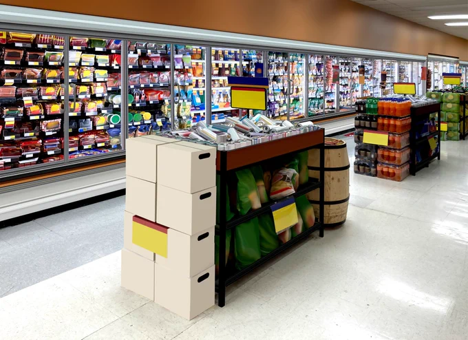 Inside a supermarket aisle in Albuquerque: well-stocked refrigerated cases with meats and packaged goods line the walls, while central displays feature beverages, bulk items, and promotional boxes ready for customer grab-and-go. A clean, organized layout that highlights product visibility and cross-merchandising opportunities.

https://www.shutterstock.com/g/Hitra?rid=193867524&utm_medium=nativeapp&utm_source=ctrbreferral-link
 #Retail #retailManagement #Supermarket #Design #VisualMerchandising #StoreLayout #Retail #Strategy #Albuquerque  #InStoreExperience #NewMexico