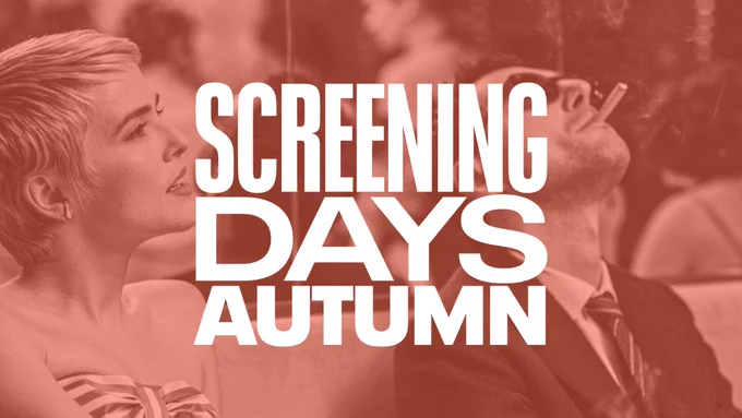 Still from Nouvelle Vague of a woman sitting beside a man who is smoking. Text reads "Screening Days Autumn"