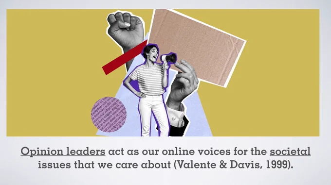 Composite photo collage of happy girl activist hold megaphone scream agitation protest placard fist hand isolated on painted background on a PowerPoint slide with the text: Opinion leaders act as our online voices for the societal issues that we care about (Valente & Davis, 1999).