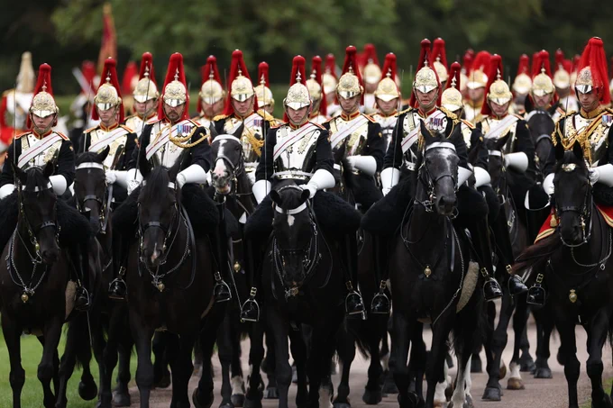 Soldiers and horses of the Household Cavalry provide the Sovereign's Escort.