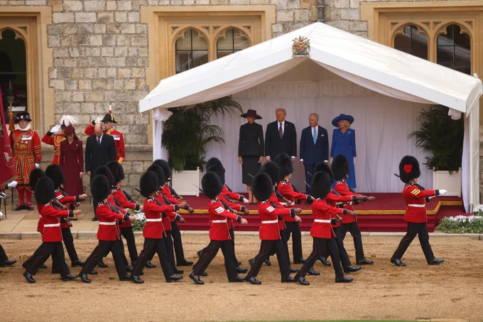 The Coldstream Guards march past Their Majesties The King and Queen and the President of the United States of America President Donald J. Trump and First Lady Mrs Melania Trump.