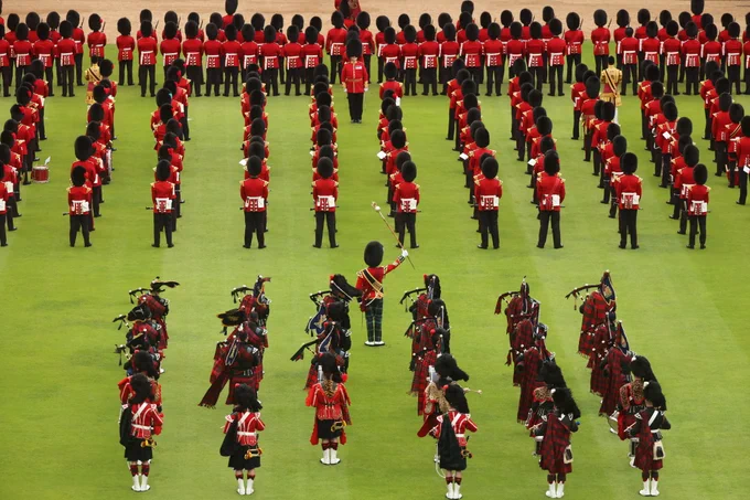 The Guard of Honour, the Massed Band and Pipers formed up on the Quadrangle of Windsor Castle, seen from above and behind. 