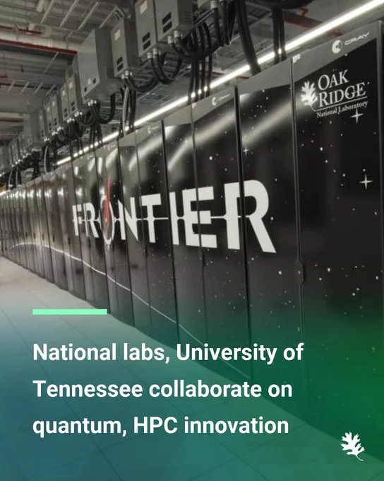 Row of high-performance computing systems labeled "Frontier" at Oak Ridge National Laboratory, highlighting collaboration with the University of Tennessee on quantum and HPC innovation.