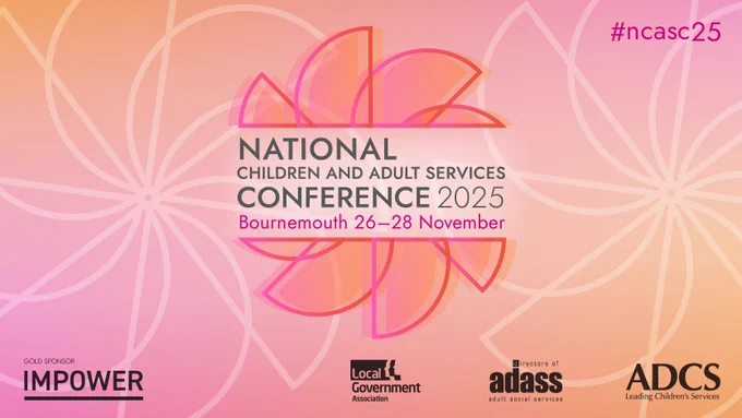 Bright conference poster for the 2025 National Children and Adult Services Conference in Bournemouth, featuring floral designs, logos, and the hashtag #ncasc25.