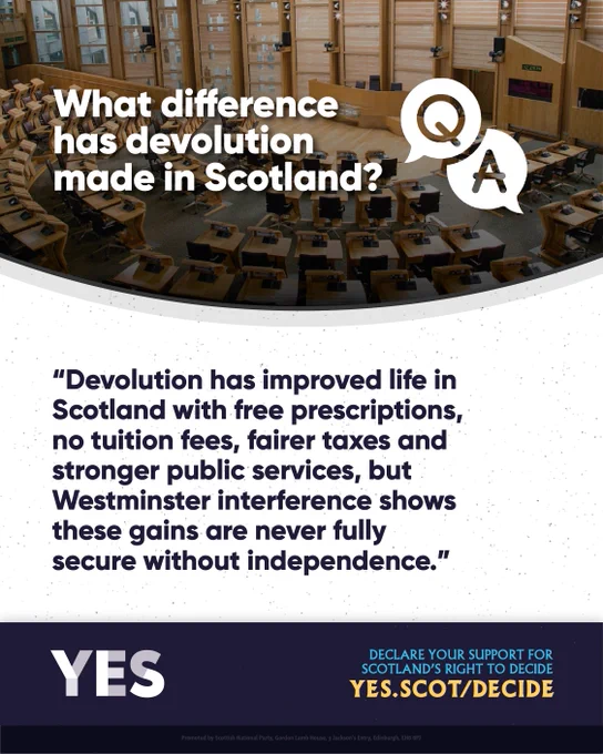 Inside the Scottish Parliament chamber. Text says devolution has delivered free prescriptions, no tuition fees, fairer taxes, and stronger services, but Westminster interference shows only independence secures these gains.