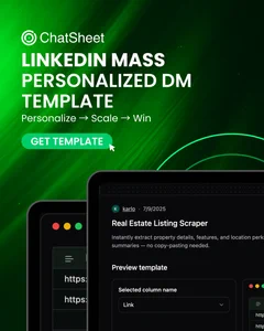 ChatSheet promo for “LinkedIn Mass Personalized DM Template” with “Get Template” button and app UI mockups on a green gradient background.