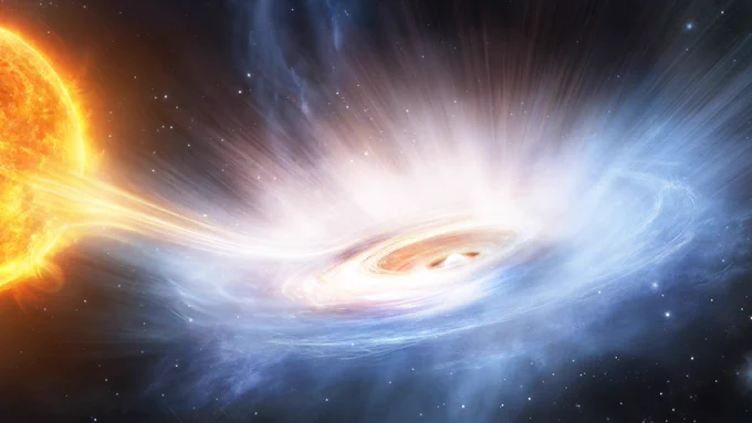 Artist’s impression of the powerful winds blowing from the accretion disc in X-ray-bright system GX13 1. The focus of the image is a blue-to-pink disc of swirling material, circling around a sparkling white ball in the centre. Bright rays primarily white to pink rise towards the top of the image, like a wind blowing off the circling matter. To the left of the picture, a yellow to orange ball is partially visible, representing a star. The star appears to be feeding the disc via a stream of orangish matter that connects the two.