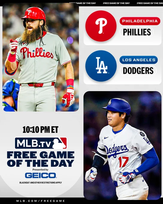 MLB.TV Free Game of the Day
Presented by GEICO
Philadelphia Phillies vs. Los Angeles Dodgers, 10:10 PM ET
Pictured: Top left, Brandon Marsh points in celebration, wearing a gray Phillies uniform with a red batting helmet and red and white batting gloves. Bottom right, Shohei Ohtani rounds the bases after hitting a home run. He wears a white Dodgers uniform with blue arm sleeves, white batting gloves, and a blue batting helmet.
