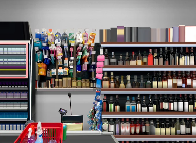 Checkout counter with alcohol, cigarettes, and vapes designed as a clean template for architects and designers to visualize retail layouts.

https://stock.adobe.com/contributor/211338080/Whatson
 #RetailMockup #Brandless #Design #StoreLayout #Architectproject  #GraphicDesign #VisualMerchandising
