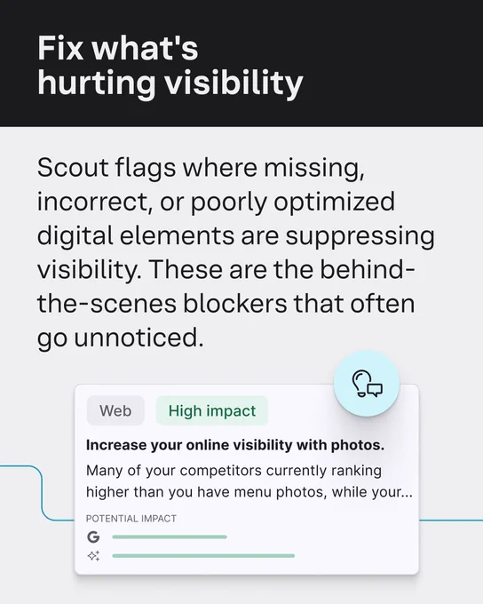 Screenshot of a digital interface with a message about fixing visibility issues. Yext Scout flags what's missing, incorrect, or poorly optimized on a webpage. 