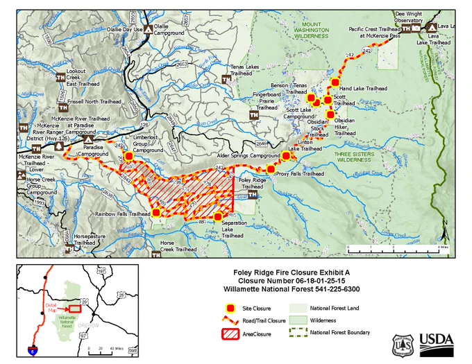 A map showing a closed area in red hashes