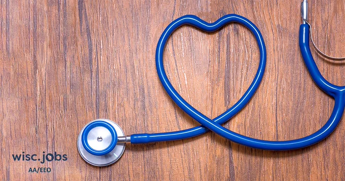Image: stethoscope shaped like a heart; Wisc.Jobs AA/EEO