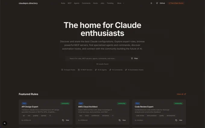 ClaudePro.directory homepage featuring 50  Claude Desktop configurations in a grid layout. The interface perfectly replicates Claude Desktop's dark mode design with warm brown backgrounds and Claude's signature orange accents. Shows MCP servers, rules, agents, commands, and automation hooks all organized with tags for easy discovery. Navigation bar includes GitHub link and category filters.