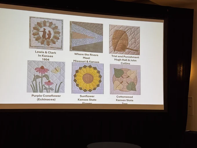 Noteworthy quilt squares: central (Lewis & Clark in Kansas 1904), “Where the Rivers Meet: Missouri & Kansas,” “Trial and Punishment Hugh Hall & John Collins,” purple coneflower (echinacea), sunflower 🌻 kansas state flowe, cottonwood kansas state tree.