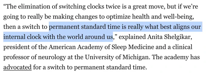 Screenshot from article (linked below):
> “The elimination of switching clocks twice is a great move, but if we’re going to really be making changes to optimize health and well-being, then a switch to permanent standard time is really what best aligns our internal clock with the world around us,” explained Anita Shelgikar, president of the American Academy of Sleep Medicine and a clinical professor of neurology at the University of Michigan. The academy has advocated for a switch to permanent standard time.
