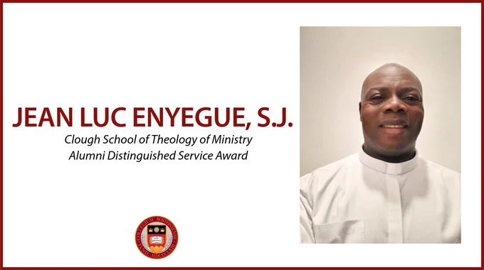 Portrait of Jean Luc Enyegue, S.J., recipient of the Clough School of Theology Ministry Alumni Distinguished Service Award, wearing a clerical collar and smiling.