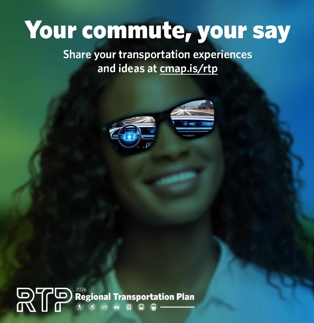 This is a photograph of a young woman wearing sunglasses, with text asking the reader to take a CMAP survey on the future of Chicago-area mass transit.