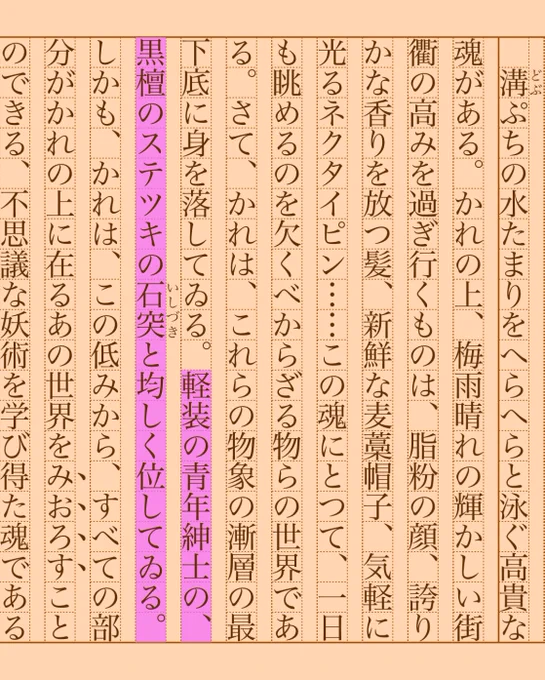 軽装の青年紳士の、黒檀のステツキの石突《いしづき》と均しく位してゐる。