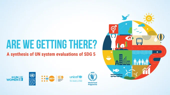 The text reads, "Are we getting there? A synthesis of UN system evaluation of SDG 5."

