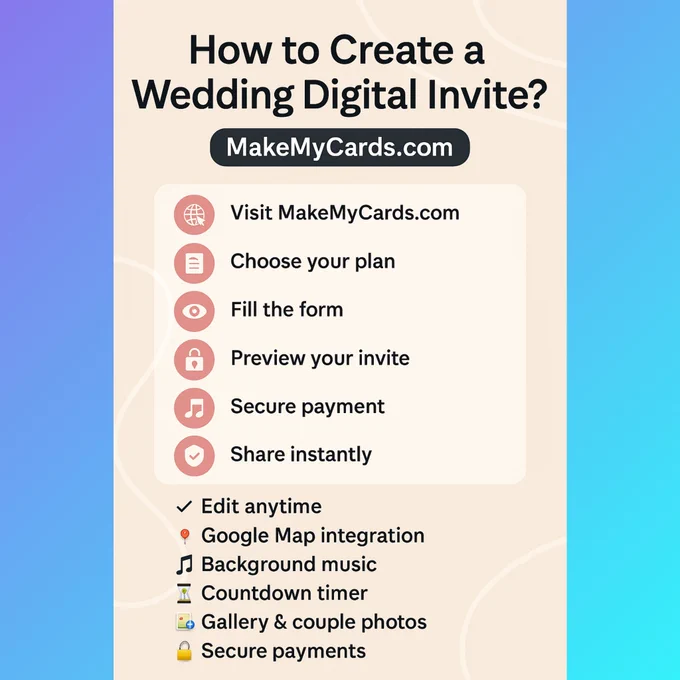💍 Wedding cards go Digital!
Create your invite in 10 mins ✨

✅ Premium Designs
✅ Photos   Music   Map
✅ Share on WhatsApp instantly
✅ Starts @ ₹247

👉 Try now: www.makemycards.com

#WeddingInvite #Shaadi2025 #DigitalInvite #MakeMyCards
