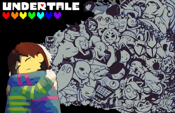 a digital painting of frisk and asriel dreemurr from UNDERTALE, hugging. behind them is a monochrome compilation of many monsters from the game. in the upper left is the title for UNDERTALE, along with the 7 human souls.