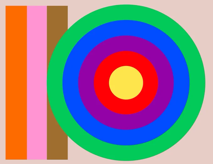 A bright circle with concentric colours of yellow, red, purple, blue, and green against a beige background. To the  left are lines of red, pink, and brown. 
