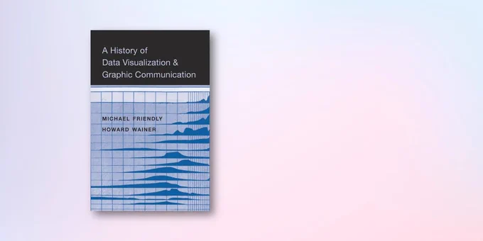 Book cover for the book 'A history of data visualization & graphic comunication' by Michael Friendly and Howard Wainer. The book shows the title of the book in white text on a black background, with below that a series of narrow blue area charts.