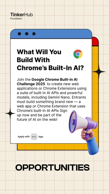 What will you build with Chrome's built-in AI? Join the Google Chrome Built-in AI Challenge 2025 to create new web applications or Chrome Extensions using a suite of built-in AI APIs and powerful models, including Gemini Nano. Entrants must build something brand new–a web app or Chrome Extension that uses Chrome's built-in AI APIs. Sign up now and be part of the future of AI on the web!