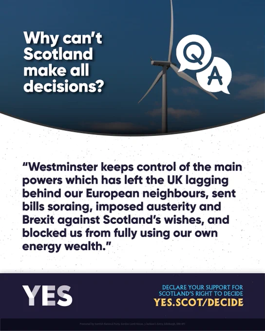 A wind turbine against a blue sky. Text says Westminster keeps control of key powers, leaving Scotland behind Europe, raising bills, imposing austerity, and blocking energy wealth use.