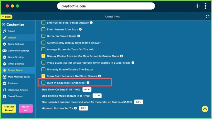 Screenshot of the new Buzz-In Sequence Randomizer option on the settings page

